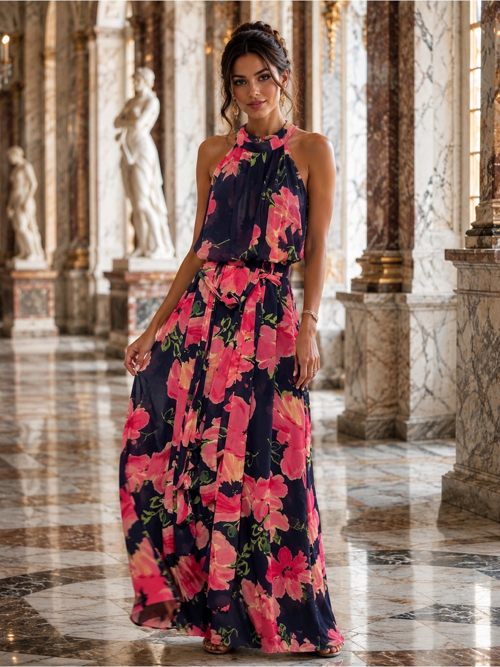 Eliza J Navy Halter Maxi Dress with Pink Floral Print